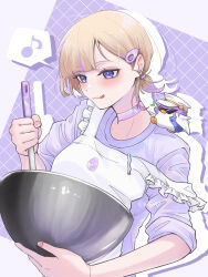 1girl absurdres animal animal_on_shoulder apron asymmetrical_bangs banpen_(todoroki_hajime) blonde_hair bowl breasts chocolate_making choker closed_mouth drop_shadow eighth_note hair_ornament hairclip highres holding holding_bowl hololive hololive_dev_is long_sleeves mixing_bowl musical_note nisui57 pink_shirt purple_eyes shirt short_hair sleeves_pushed_up small_breasts solo spoken_musical_note todoroki_hajime tongue tongue_out twitter_username upper_body virtual_youtuber