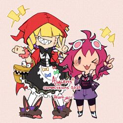 2girls :3 adversarial_noise alycoris animate_object basket black_shirt black_skirt blonde_hair cape chaperomon chibi commission digimon digimon_(creature) fingerless_gloves full_body gloves goggles goggles_on_head multiple_girls one_eye_closed parted_lips purple_hair purple_shorts red_cape red_hood sharp_teeth shirt shorts simple_background skirt smile stitched_face stitches teeth v w white_shirt