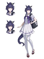 Rule 34 | 1girl, :d, ahoge, animal ears, bag, bow, bowtie, closed mouth, commentary, english commentary, full body, highres, honkai (series), honkai impact 3rd, horse ears, kiana kaslana, long hair, looking at viewer, multiple views, open mouth, pantyhose, pleated skirt, purple bow, purple bowtie, purple eyes, purple hair, purple shirt, raiden mei, raiden mei (herrscher of origin), sakimim, school uniform, shirt, shoulder bag, skirt, smile, tracen school uniform, umamusume, very long hair, white background, white pantyhose, white skirt