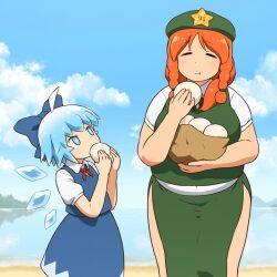 2girls :t beret blue_eyes blue_hair blue_skirt blue_sky blue_vest bow bowtie braid breasts cirno closed_eyes cloud commentary cowboy_shot day eating food green_skirt green_vest hat hat_ornament hong_meiling horizon ice ice_wings lake long_hair looking_afar medium_breasts multiple_girls orange_hair outdoors plump puffy_short_sleeves puffy_sleeves red_bow red_bowtie shirosato short_hair short_sleeves skirt skirt_set sky star_(symbol) star_hat_ornament steamed_bun symbol-only_commentary touhou twin_braids vest wings