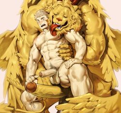 2boys abs absurdres bara blonde_hair claws closed_eyes commentary completely_nude demon_horns dungeon_meshi english_commentary erection foreskin furry furry_with_non-furry hand_on_own_leg highres holding horns hug hug_from_behind huge_penis interspecies laios_touden large_pectorals licking licking_pectoral light_blush lion lion_boy male_focus multiple_boys muscular muscular_male navel navel_hair nipples nude pectorals penis penis_size_difference precum size_difference stomach strongman_waist surprised uncensored uza_(hellme) winged_lion_(dungeon_meshi) wings yaoi yellow_eyes