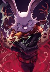 1boy animal_ears artist_name belt carrot commentary cowboy_shot english_commentary furry furry_male gloves highres looking_at_viewer male_focus nurinaki oumagadoki_doubutsuen rabbit_boy rabbit_ears red_eyes red_scarf scarf shiina_(oumagadoki_doubutsuen) smoking solo teeth white_gloves
