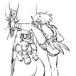 2girls against_wall ajna_(indivisible) indivisible kinuko_(kinucakes) monochrome multiple_girls scared tagme