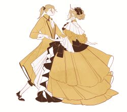 1boy 1girl absurdres adapted_costume aku_no_meshitsukai_(vocaloid) aku_no_musume_(vocaloid) allen_avadonia ascot black_bow black_pants black_shoes blonde_hair blush bow brother_and_sister choker closed_eyes closed_mouth coat collared_coat colored_skin commentary curly_hair dancing dress earrings evillious_nendaiki facing_away frilled_dress frills full_body gown hair_bow hair_ornament hairclip highres holding_hands jewelry kagamine_len kagamine_rin lapels limited_palette long_sleeves off-shoulder_dress off_shoulder pants ponytail profile riliane_lucifen_d&#039;autriche shoes short_ponytail siblings simple_background sleeve_cuffs socks standing surie swept_bangs three-quarter_sleeves tiara twins vest vocaloid white_ascot white_background white_skin white_socks yellow_choker yellow_coat yellow_dress yellow_theme yellow_vest