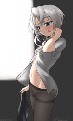 1girl black_pantyhose black_skirt collared_shirt cowboy_shot dress_shirt flat_chest flipped_hair grey_eyes grey_hair holding holding_unworn_clothes holding_unworn_skirt kantai_collection long_hair navel nowaki_(kancolle) one-hour_drawing_challenge open_clothes open_shirt panties panties_under_pantyhose pantyhose ray.s shirt skirt solo swept_bangs thighband_pantyhose underwear unworn_skirt white_shirt window