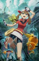 1girl absurdres baby_animal bandana bird black_shorts blue_eyes blurry blurry_background breasts brown_hair chick gen_3_pokemon group_picture highres jacket leaf lizard long_hair may_(pokemon) medium_breasts mudkip nintendo orange_feathers outdoors pokemon pokemon_rse red_bandana red_jacket ryairyai shorts skirt standing standing_on_one_leg torchic treecko white_skirt