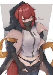 Rule 34 | ..., 1girl, absurdres, ahoge, arknights, armband, black gloves, black panties, border, clothes pull, commentary request, covered mouth, cowboy shot, crownslayer (arknights), fingerless gloves, gloves, grey background, grey shirt, highres, hood, hood up, looking at viewer, mask, mouth mask, ninja mask, nyo (fy 1), outside border, panties, partial commentary, pulling own clothes, red eyes, red hair, shirt, short hair, solo, spoken ellipsis, standing, underwear, white border, yellow armband