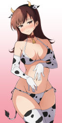 1girl alternate_costume animal_ears animal_print bell bikini breasts brown_eyes brown_hair cow_ears cow_horns cow_print cow_print_bikini cowbell cowboy_shot elbow_gloves fake_horns fake_tail gloves highres horns kantai_collection long_hair medium_breasts navel neck_bell nel-c ooi_(kancolle) print_bikini print_gloves print_thighhighs side-tie_bikini_bottom solo standing swimsuit tail thighhighs white_bikini white_gloves white_thighhighs