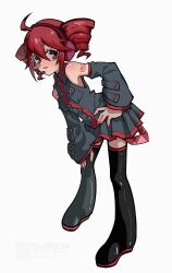 1girl ahoge black_boots black_skirt black_sleeves black_thighhighs blush_stickers boots breast_pocket buttons collared_shirt detached_sleeves drill_hair flat_chest hair_between_eyes hand_on_own_hip headphones highres kasane_teto kasane_teto_(utau) leaning_forward looking_at_viewer microphone miniskirt number_tattoo pocket red_eyes red_hair red_tattoo shirt shoulder_tattoo simple_background skirt skirt_set sleeveless sleeveless_shirt solo sumi_(sumi3mimi) tattoo thigh_boots thighhighs twin_drills utau white_background wing_collar