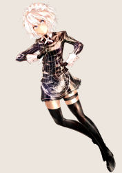 Rule 34 | &gt;:(, 1girl, black boots, black gloves, black skirt, boots, closed mouth, female focus, fingerless gloves, frown, full body, gloves, grey eyes, highres, izayoi sakuya, koumajou densetsu, koumajou densetsu 2, lace, lace-trimmed skirt, lace trim, long sleeves, looking at viewer, maid headdress, miniskirt, sakushou, shirt, silver hair, skirt, solo, striped clothes, striped shirt, thigh boots, thighhighs, touhou, v-shaped eyebrows, vertical-striped clothes, vertical-striped shirt
