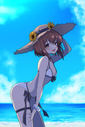 1girl absurdres beach bikini blue_sky breasts brown_eyes brown_hair day from_side front-tie_bikini_top front-tie_top hat highres kantai_collection leaning_forward ocean official_alternate_costume open_mouth outdoors shiba_(zudha) short_hair side-tie_bikini_bottom sky small_breasts smile solo speaking_tube_headset straw_hat sun_hat swimsuit white_bikini yukikaze_(kancolle) yukikaze_(summer)_(kancolle) yukikaze_kai_ni_(kancolle)