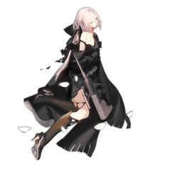 assault_rifle aug_(girls&#039;_frontline) black_dress blood blood_on_face bloody_tears boots bullpup closed_eyes dress full_body girls&#039;_frontline gun hair_ribbon high_heel_boots high_heels holding_own_arm injury jacket long_hair on_floor petals ribbon rifle samail solo steyr_aug thigh_boots thighhighs torn_clothes torn_dress torn_thighhighs transparent_background weapon