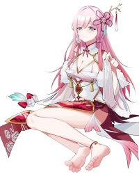 Rule 34 | 1girl, absurdres, barefoot, blue eyes, blush, clenched teeth, feet, highres, long hair, looking at viewer, nanase young, pink hair, see-through clothes, see-through legwear, side bun, single sock, socks, soles, teeth, toes, unworn socks