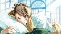 1boy animal_ear_piercing animal_ears blonde_hair blurry blurry_background brown_hair closed_mouth copyright_notice curtained_hair day dog_boy dog_ears dog_tail ears_down goldbullet green_jacket highres holostars holostars_english hugging_object indoors jacket jacket_partially_removed kemonomimi_mode light_particles looking_at_viewer lying male_focus muntins official_art on_stomach pencil pencil_in_hair pillow pillow_hug ponytail sample_watermark shirt short_ponytail sideways_glance smile solo sunlight swept_bangs tail upper_body virtual_youtuber watermark white_shirt white_xxxx window wing_collar yellow_eyes