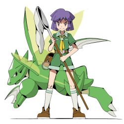 1boy belt belt_buckle brown_bag brown_belt brown_shoes buckle bugsy_(pokemon) closed_mouth collared_shirt gen_1_pokemon green_shirt green_shorts holding_butterfly kneehighs knees legs_apart looking_at_viewer male_focus necktie nintendo pokemon pokemon_(creature) pokemon_hgss psaber97 purple_hair scyther shirt shoes short_hair short_sleeves shorts smile socks standing white_background yellow_necktie