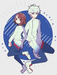 Rule 34 | 1boy, 1girl, alternate costume, bede (pokemon), blue background, blue leggings, blush stickers, border, brown eyes, brown hair, closed mouth, commentary request, eyelashes, gloria (pokemon), hair between eyes, highres, jacket, leggings, multicolored shorts, nintendo, pokemon, pokemon sv, pokemon swsh, purple eyes, shinogo no, shoes, short hair, shorts, smile, star (symbol), white border, white footwear, white jacket, zipper pull tab