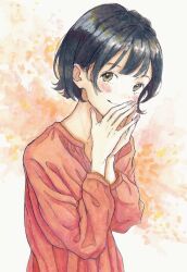 1girl black_hair blush commentary_request green_eyes hand_to_own_mouth highres long_sleeves looking_at_viewer original red_sweater short_hair smile solo steepled_fingers sweater upper_body usakonbu22