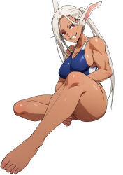 Rule 34 | 1girl, absurdres, alternate costume, alternate hairstyle, animal ears, barefoot, blue one-piece swimsuit, blush, boku no hero academia, breasts, cleavage, collarbone, damos (child flame), dark-skinned female, dark skin, feet, full body, highres, large breasts, long eyelashes, long hair, looking at viewer, mirko, one-piece swimsuit, parted bangs, ponytail, rabbit ears, rabbit girl, red eyes, simple background, sitting, smile, solo, swimsuit, thick thighs, thighs, toes, toned, toned female, two-tone one-piece swimsuit, very long hair, white background, white hair