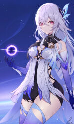 1girl absurdres bare_shoulders black_leotard black_scarf breasts cowboy_shot crossed_bangs dress floating floating_object genshin_impact grey_hair hair_between_eyes hair_ornament highres leotard long_hair looking_at_viewer medium_breasts night night_sky pisuke_(user_kcmh2774) prosthesis prosthetic_arm prosthetic_leg red_eyes scarf skirk_(genshin_impact) sky solo white_dress