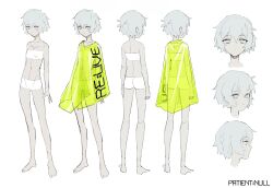 1girl armpit_crease arms_at_sides ass back bags_under_eyes bare_shoulders barefoot boyshort_panties bra breasts character_name closed_mouth clothes_writing collarbone commentary concept_art contrapposto cropped_head curled_fingers dot_mouth dot_nose double-parted_bangs empty_eyes english_commentary english_text exhausted expressionless eyebrows_hidden_by_hair facing_away from_behind full_body furrowed_brow grey_eyes grey_hair groin hair_between_eyes hair_flaps half-closed_eyes highres invisible_floor long_eyelashes looking_at_viewer messy_hair multiple_views narrowed_eyes navel no_pupils open_hands original pale_skin panties poncho portrait rain_poncho raised_eyebrow reference_sheet see-through_clothes short_hair sidelocks simple_background sketch skinny small_breasts standing stitched_chest stitched_torso stitches straight-on strapless strapless_bra thick_eyelashes thighs title tube_top turnaround underwear underwear_only vertigris white_background white_bra white_panties white_tube_top yellow_poncho