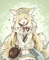 Rule 34 | 1girl, animal ears, arknights, basket, blonde hair, cardigan, closed eyes, fox ears, fox girl, fox tail, frilled hairband, frills, hairband, highres, holding, holding basket, long hair, long sleeves, neck ribbon, nugope (10daikun osi), official alternate costume, open mouth, red ribbon, ribbon, skirt, solo, suzuran (arknights), suzuran (spring praise) (arknights), tail
