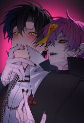 Rule 34 | 2boys, alternate costume, bead necklace, beads, biting, black hair, black jacket, black nails, blush, cheng xiaoshi, chinese clothes, chinese commentary, colored skin, ear piercing, earrings, fangs, finger in another&#039;s mouth, fingernails, hair between eyes, halloween costume, highres, hug, hug from behind, jacket, jewelry, jiangshi, li323213, li tianchen, long sleeves, male focus, multiple boys, nail polish, necklace, ofuda, ofuda on head, open mouth, pale skin, piercing, pink background, pink hair, red eyes, shiguang dailiren, shirt, short hair, smile, stitches, sweatdrop, talisman, tattoo, tears, teeth, upper body, white shirt, yaoi, yellow eyes