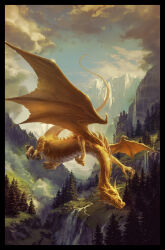 Rule 34 | black border, blue sky, border, cloud, commentary, cover, cover page, day, dragon, dungeons &amp; dragons, english commentary, fantasy, flying, fog, gold scales, highres, krita (medium), landscape, mountain, nature, no humans, outdoors, philipp urlich, pine tree, scenery, signature, sky, stream, sunlight, tree, valley, water, waterfall, western dragon, wyrm, yellow eyes