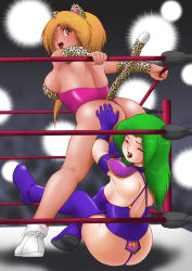 2girls animal_ears arena ass cat_ears cat_tail catfight crowd face_in_ass fighting green_hair highres humiliation jewelry kazetanuki leopard multiple_girls pain panties ring shoulder_pads sitting sitting_on_face sitting_on_person smile tail thong turnbuckle underwear wrestling wrestling_ring