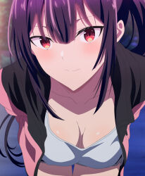 1girl absurdres anime_screenshot bent_over breasts closed_mouth collarbone cowboy_shot female_focus haite_kudasai_takamine-san highres jacket large_breasts leaning_forward long_hair looking_at_viewer no_bra pink_jacket purple_hair red_eyes shirt sidelocks smile solo stitched takamine_takane thigh_gap third-party_edit very_long_hair white_shirt