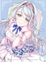 1girl bang_dream! beads blue_background blue_brooch blue_hair blue_nails blue_ribbon closed_mouth commentary corset detached_sleeves dress earrings green_eyes hairband hikawa_sayo jewelry long_hair looking_at_viewer nail_polish ribbon solo twirling_hair white_corset white_dress white_wrist_cuffs wrist_cuffs yue_mao_(yukinihime)