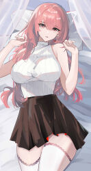 1girl absurdres alternate_costume arknights bare_arms bare_shoulders bed breasts brown_skirt canopy_bed earrings hands_up high-waist_skirt highres jewelry large_breasts lemuen_(arknights) long_hair looking_at_viewer lying mikuning miniskirt on_back on_bed parted_lips pillow pink_eyes pink_hair pleated_skirt ribbed_sweater single_earring skirt sleeveless sleeveless_sweater sleeveless_turtleneck sleeveless_turtleneck_sweater solo sweater sweater_tucked_in thighhighs turtleneck white_sweater white_thighhighs zettai_ryouiki