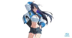 1girl absurdres ahoge arm_up awa_subaru black_choker black_hair black_shorts blue_jacket breasts choker fishnet_pantyhose fishnets fromgod_jungle girls_band_cry grin hair_ribbon hand_on_own_hip highres jacket long_sleeves medium_breasts midriff multicolored_jacket navel open_clothes open_jacket pantyhose pantyhose_under_shorts purple_eyes ribbon short_shorts shorts simple_background smile solo stomach strapless tube_top two-tone_jacket white_background white_jacket white_ribbon