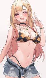 1girl :d barbell_piercing bare_arms bare_shoulders belt bikini black_belt black_bikini black_choker blonde_hair bracelet breasts choker cleavage collarbone cowboy_shot cutoffs denim denim_shorts ear_piercing earrings fingernails floral_print gradient_hair halterneck highres industrial_piercing jewelry kitagawa_marin kurokin long_hair looking_at_viewer medium_breasts multicolored_hair nail_polish navel necklace open_belt open_fly open_mouth piercing pink_nails red_eyes red_hair ring short_shorts shorts side-tie_bikini_bottom sketch smile solo sono_bisque_doll_wa_koi_wo_suru stomach string_bikini swept_bangs swimsuit teeth w
