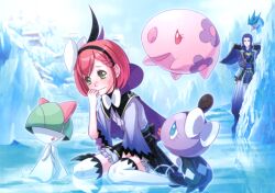 Rule 34 | 1boy, 1girl, articuno, artist request, black hairband, blue eyes, blue hair, blush, character request, closed mouth, covered eyes, eyelashes, fallen down, floating, gen 1 pokemon, gen 3 pokemon, gen 5 pokemon, gothita, green eyes, hairband, highres, ice, legendary pokemon, long hair, munna, nintendo, official art, open mouth, pokemon, pokemon (creature), pokemon conquest, ralts, red eyes, red hair, red lips, scan, short hair, tearing up, thighhighs, third-party source, wavy mouth, white thighhighs