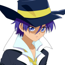 1boy absurdres black_coat black_hat blue_eyes blue_hair blue_shirt cavalier_hat chaimaou coat collarbone collared_coat collared_shirt commentary eclipse_(futagohime) fushigiboshi_no_futago_hime hair_between_eyes hat highres lapels looking_at_viewer male_focus necktie notched_hat open_clothes open_coat parted_lips portrait serious shade shade_(futagohime) shaded_face shirt short_hair simple_background solo spiked_hair standing tsurime white_background yellow_necktie yellow_trim
