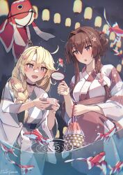 2girls alternate_costume alternate_hairstyle anchor_choker black_choker blonde_hair braid breasts brown_hair cherry_blossoms choker festival fish flower goldfish goldfish_scooping grey_kimono hair_between_eyes hair_bun hair_flower hair_intakes hair_ornament hair_over_shoulder highres himeyamato iowa_(kancolle) japanese_clothes kantai_collection kimono large_breasts long_hair multiple_girls night obi official_alternate_costume official_alternate_hairstyle open_mouth outdoors pink_kimono poi_(goldfish_scoop) red_eyes sash sidelocks single_braid star-shaped_pupils star_(symbol) summer_festival symbol-shaped_pupils white_kimono wide_sleeves yamato_(kancolle) yukata