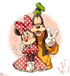 1boy 1girl animal_ears bow disney dog_boy dress gloves goofy hair_bow kiri_futoshi looking_at_viewer minnie_mouse mouse_ears mouse_girl mouse_tail polka_dot puffy_sleeves shirt short_sleeves tail v