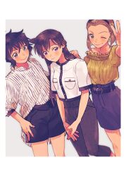 3girls ;) absurdres alternate_costume black_hair black_pants black_shorts black_stripes border breast_pocket brown_eyes brown_hair closed_mouth collarbone grey_background highres long_hair meitantei_conan miniskirt mouri_ran multiple_girls off-shoulder_shirt off_shoulder one_eye_closed own_hands_together pants pocket purple_eyes purple_skirt sera_masumi shirt short_hair short_sleeves shorts skirt smile standing straight_hair striped_clothes striped_shirt suzuki_sonoko v vertical-striped_clothes vertical-striped_shirt white_border white_shirt yamada_(haaaaai) yellow_shirt