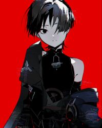 1boy absurdres armor arms_at_sides belt blunt_ends bodysuit bow bridal_gauntlets cape covered_collarbone crazy_eyes dark_persona eyeliner eyeshadow genshin_impact glitch greyscale_with_colored_background hair_over_one_eye highres japanese_armor juban kote looking_at_viewer makeup male_focus mandarin_collar menacing parted_lips red_background red_eyeliner red_eyeshadow red_pupils rope sash scaramouche_(genshin_impact) short_sleeves single_off_shoulder slit_pupils solo straight-on tsuibakiwa upper_body wanderer_(genshin_impact) white_mouth