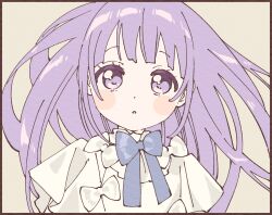 1girl black_border blouse blue_bow blue_bowtie blush_stickers border bow bowtie child collar expressionless floating_hair frilled_collar frills highres long_hair looking_at_viewer namori original parted_lips purple_eyes purple_hair shirt short_sleeves solo white_bow white_shirt