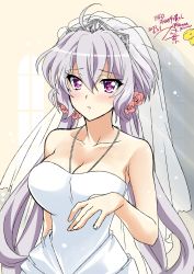 1girl bare_shoulders breasts dress highres kanna_(plum) large_breasts long_hair purple_eyes purple_hair senki_zesshou_symphogear tiara veil wedding_dress yukine_chris