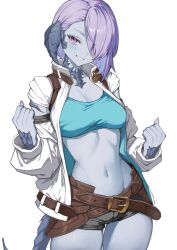 1girl aqua_tank_top au_ra black_shorts blue_skin breasts cleavage colored_skin dragon_girl dragon_horns dragon_tail final_fantasy final_fantasy_xiv hair_over_one_eye highres horns jacket looking_at_viewer micro_shorts midriff navel open_clothes open_jacket purple_eyes purple_hair scales short_hair shorts simple_background solo tail tank_top torisanff14 warrior_of_light_(ff14) white_background white_jacket