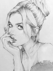 Rule 34 | 1girl, collarbone, commentary, cropped shoulders, earrings, english commentary, eyelashes, graphite (medium), grey background, greyscale, hair bun, hand on own face, head rest, jewelry, long hair, looking at viewer, monochrome, parted bangs, parted lips, portrait, real life, simple background, sketch, tohyasu sag, traditional media
