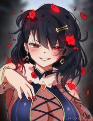 Rule 34 | 1girl, artist name, bare shoulders, black hair, blurry, blurry background, blush, bodysuit, bracelet, breasts, cleavage, cleavage cutout, clothing cutout, commentary, criss-cross straps, earrings, english commentary, fingernails, gem, grin, hair ornament, hairclip, hand up, highres, jewelry, large breasts, lif (lifoxcious), looking at viewer, medium hair, messy hair, mirai (uwudrink), parallel hairclips, portrait, purple bodysuit, red eyes, red gemstone, red nails, smile, solo, sparkle, sparkling aura, straight-on, swept bangs, uwudrink