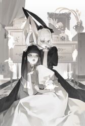 2girls animal_ears black_dress black_hair blunt_bangs bow candle candlestand chest_of_drawers chinese_commentary curtains drawer dress eyelashes fake_animal_ears flower greyscale hair_bow highres hime_cut indoors juliet_sleeves long_hair long_sleeves looking_at_another mirror monochrome multiple_girls on_floor open_mouth original pale_skin parted_lips picture_frame puffy_short_sleeves puffy_sleeves rabbit rabbit_ears rose short_sleeves sitting straight_hair vase watermark weibo_watermark white_dress white_flower white_hair white_rose white_theme youzhi