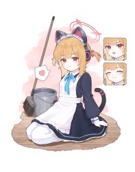 1girl :3 :d ^_^ absurdres animal_ear_headphones animal_ears apron arm_support black_dress black_tail blonde_hair blue_archive blue_bow blue_bowtie blush bow bowtie broom bucket cat_ear_headphones cat_ears cat_tail closed_eyes closed_mouth collared_dress commentary contrast_collar dot_nose dress fake_animal_ears fake_tail frilled_apron frilled_dress frills full_body grin hair_bow halo headphones heart highres long_sleeves looking_at_viewer maid maid_apron maid_headdress mill_(user_ypgc2873) millennium_science_school_logo momoi_(blue_archive) momoi_(maid)_(blue_archive) multiple_expressions official_alternate_costume official_alternate_hairstyle on_floor open_mouth pantyhose pink_background pink_bow pink_halo puffy_long_sleeves puffy_sleeves red_eyes seiza short_hair short_twintails sidelocks sitting smile solo spoken_heart tail tail_raised twintails two-tone_background v-shaped_eyebrows water white_apron white_background white_headdress white_pantyhose