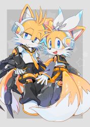 2boys aqua_eyes arm_tattoo blue_eyes blush bow commentary commentary_request cosplay crossdressing detached_sleeves fox_boy frown furry furry_male hair_bow hair_ornament hair_ribbon headphones headset highres kagamine_len kagamine_len_(cosplay) kagamine_rin kagamine_rin_(cosplay) leg_warmers looking_at_viewer male_focus mechanical_arms misuta710 multiple_boys multiple_tails necktie nine_(sonic) number_tattoo open_mouth ribbon sailor_collar shorts siblings simple_background sonic_(series) sonic_prime tail tails_(sonic) tattoo treble_clef twins white_bow yellow_fur yellow_necktie