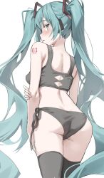 1girl absurdres aqua_eyes aqua_hair arm_behind_back ass back black_panties black_sports_bra black_thighhighs blush breasts commentary from_behind hair_between_eyes hand_on_own_arm hatsune_miku highres long_hair looking_at_viewer looking_back number_tattoo open_mouth panties scarlet_(wv0102) shoulder_tattoo side-tie_panties simple_background sports_bra standing symbol-only_commentary tattoo thighhighs twintails underwear very_long_hair vocaloid white_background
