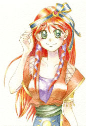 1girl braid breasts chrono_cross commentary_request female_focus leena_(chrono_cross) long_hair nib_pen_(medium) painting_(medium) pen_(medium) solo traditional_media watercolor_(medium)