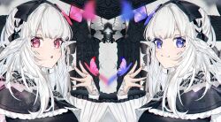 2girls :3 :o au_ra black_capelet blue_eyes bug butterfly capelet dragon_girl dragon_horns final_fantasy final_fantasy_xiv hair_ribbon horns insect looking_at_viewer motsuni_(lxxe1120) multiple_girls red_eyes ribbon scales warrior_of_light_(ff14) white_hair